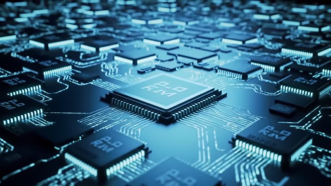 A mesmerizing close-up view of intricate semiconductor circuitry showcasing a centralized microprocessor surrounded by interconnected microchips on a sleek, modern motherboard