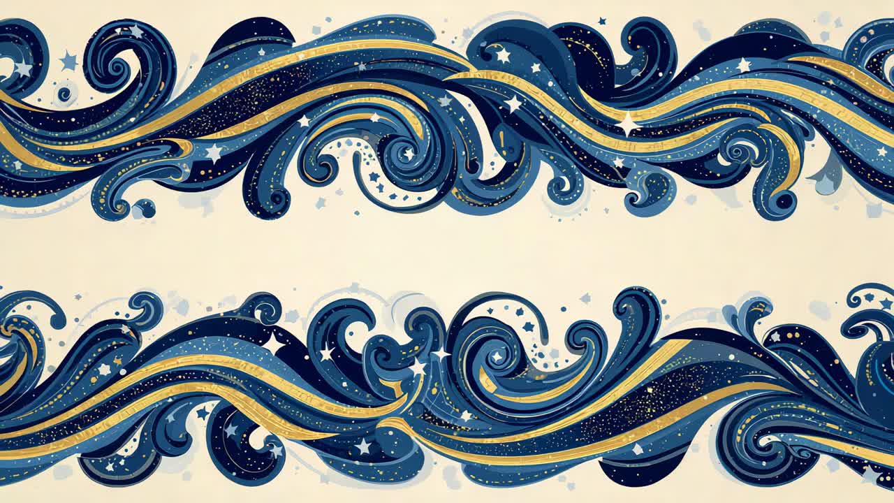 Loop starting, twin wave bands sliding on cream backdrop for decorative loop with gold ribbon stars