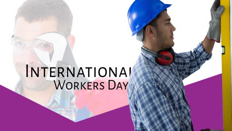 animation of caucasian male worker with spanner and level over international workers day text