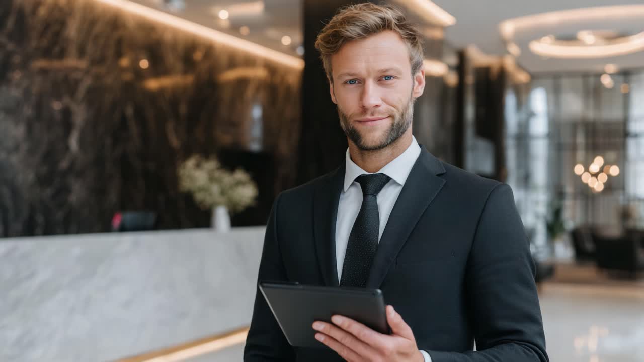 En selvsikker forretningsmand i et stilfuldt jakkesæt holder en tablet, mens han står i en moderne lobby i den bedre ende og udstråler professionalisme og parathed til engagement