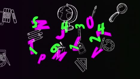 animación de números verdes cambiantes y letras rosadas con artículos escolares en movimiento en negro