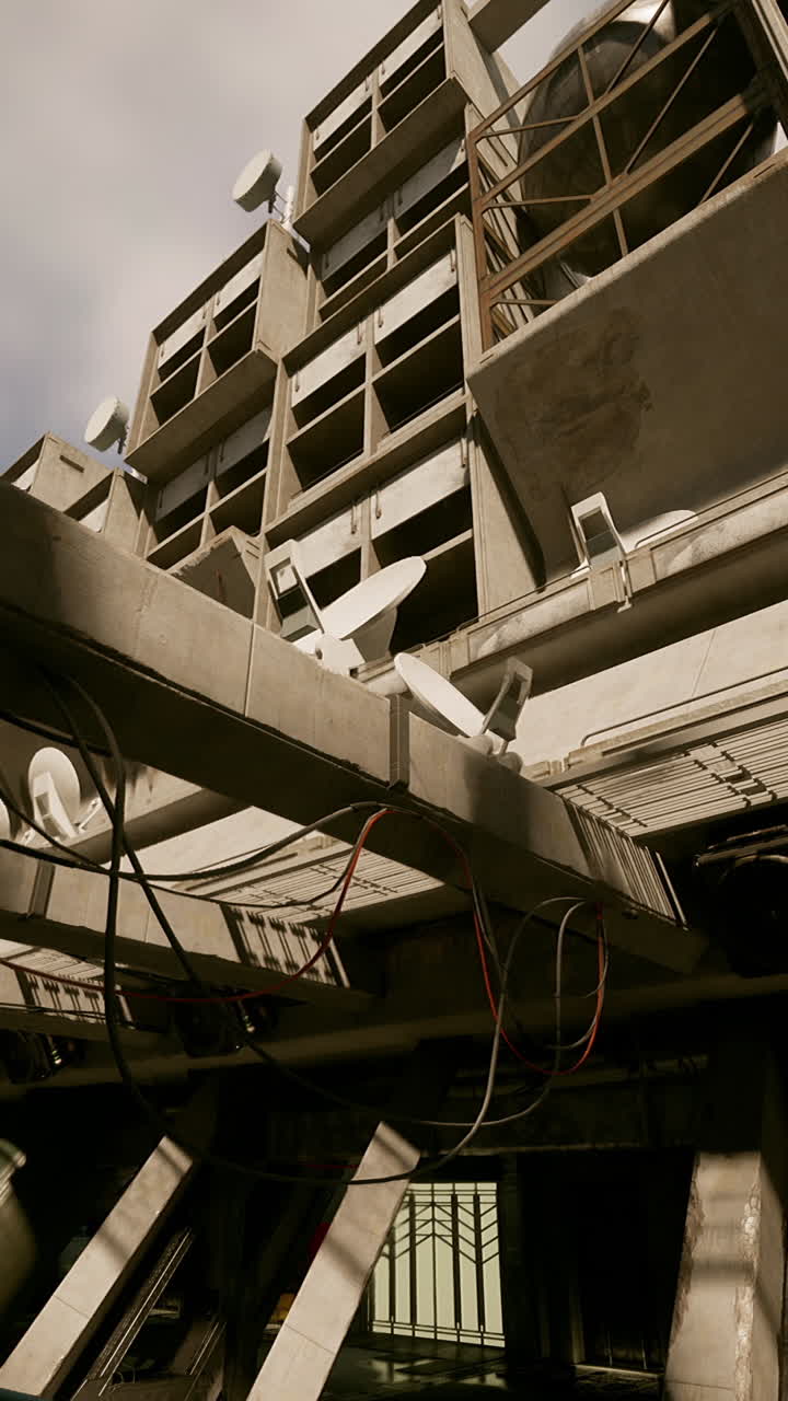 edificio futurista en una ciudad post-apocalíptica