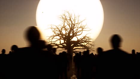 a huge dead tree with many branches on a desert, arid environment, with crowd standing idle on sunset with dark shadows, 3d animation, 3d scene, dystopian theme, camera dolly right to left