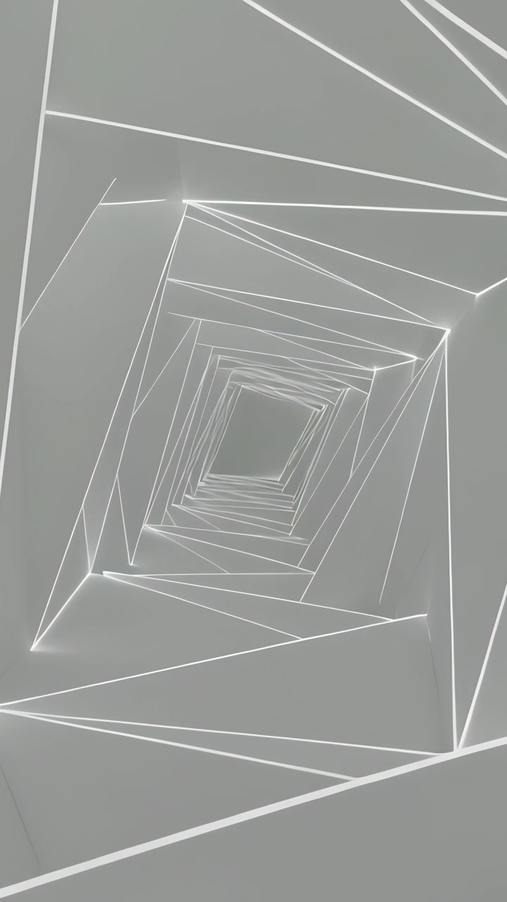 Vertical video: Moving camera into light tunnel in atrium, tracing white lights to vanishing point
