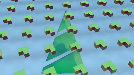 animation of shapes over christmas tree on blue background