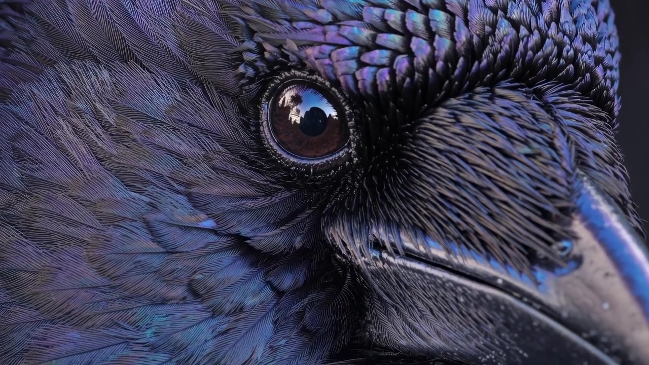 Extreme Close-Up of a Raven Eye and Iridescent Feathers