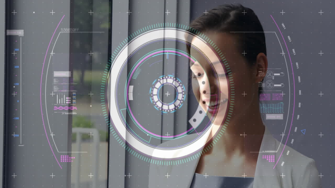 Animation of data processing and scope scanning over caucasian woman using smartphone