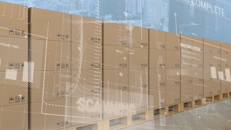animación del procesamiento de estadísticas sobre cajas de cartón en cinta transportadora