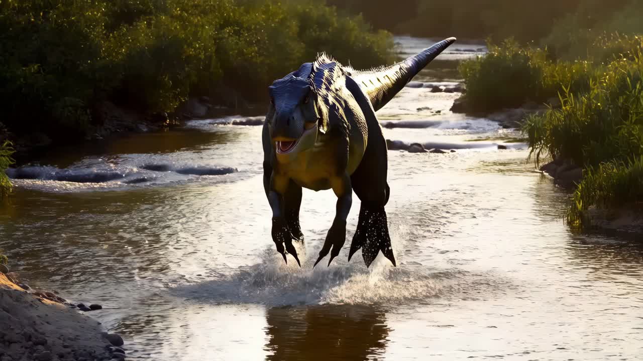 dinosaurio corriendo por el río