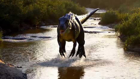 dinosaur running through river