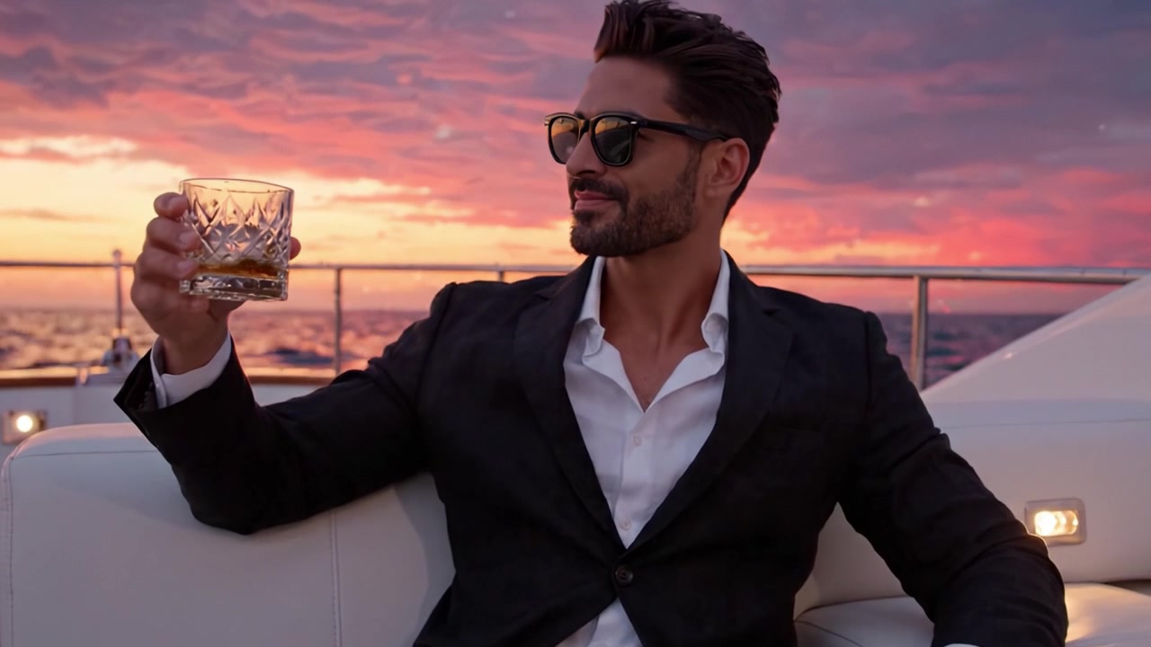 Un hombre sofisticado disfrutando de un pintoresco atardecer en un yate de lujo con un vaso de whisky, capturando la esencia de la elegancia y la serenidad en el mar.