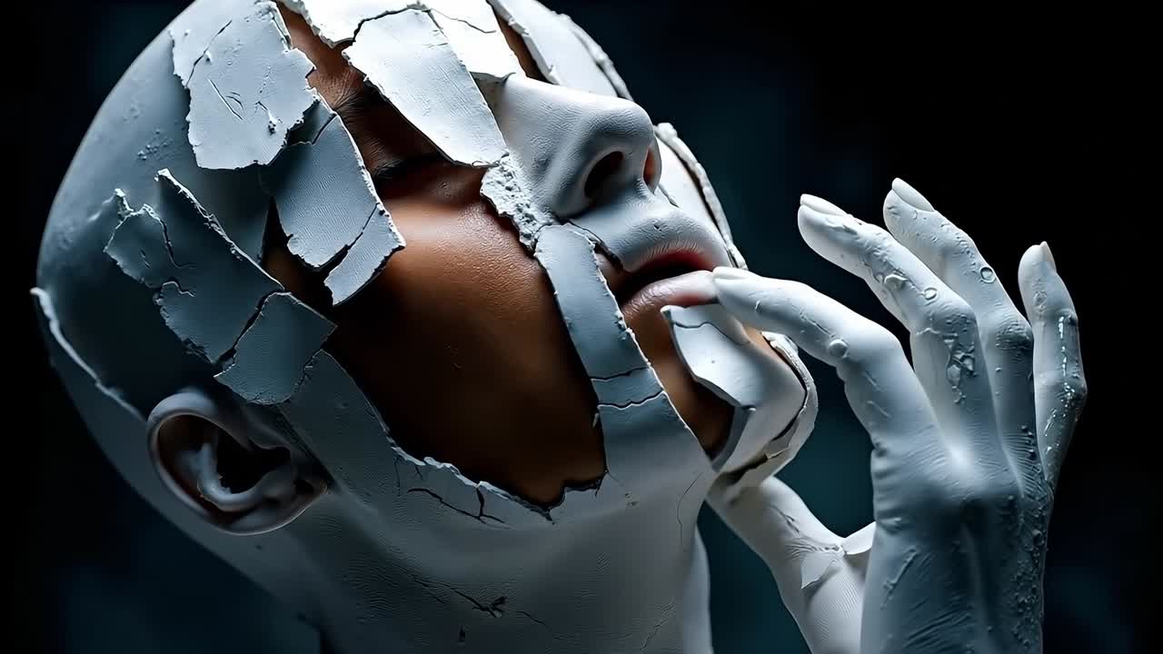 A woman with a broken face and hands covering her face