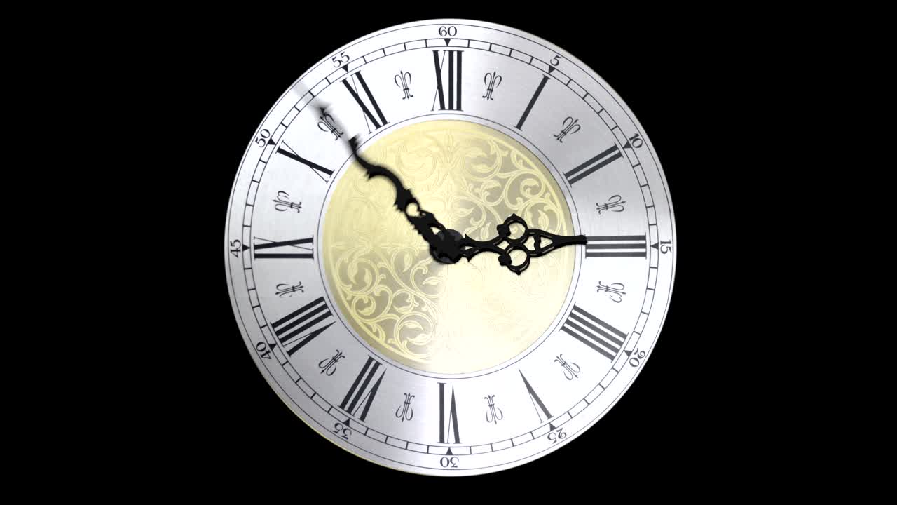 Clock face running forward at speed ornate grandfather time travel 4K