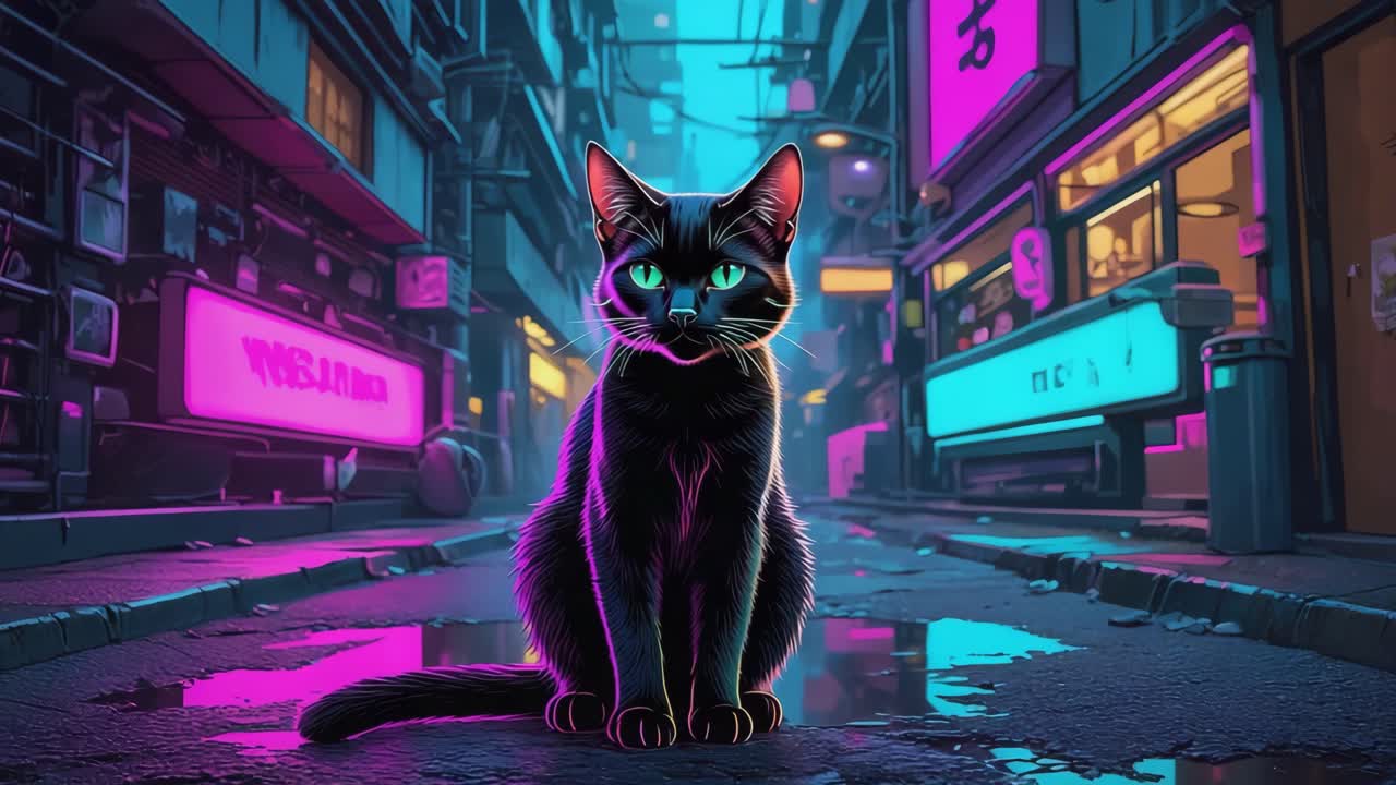 Sort kat i et cyberpunk-bybillede