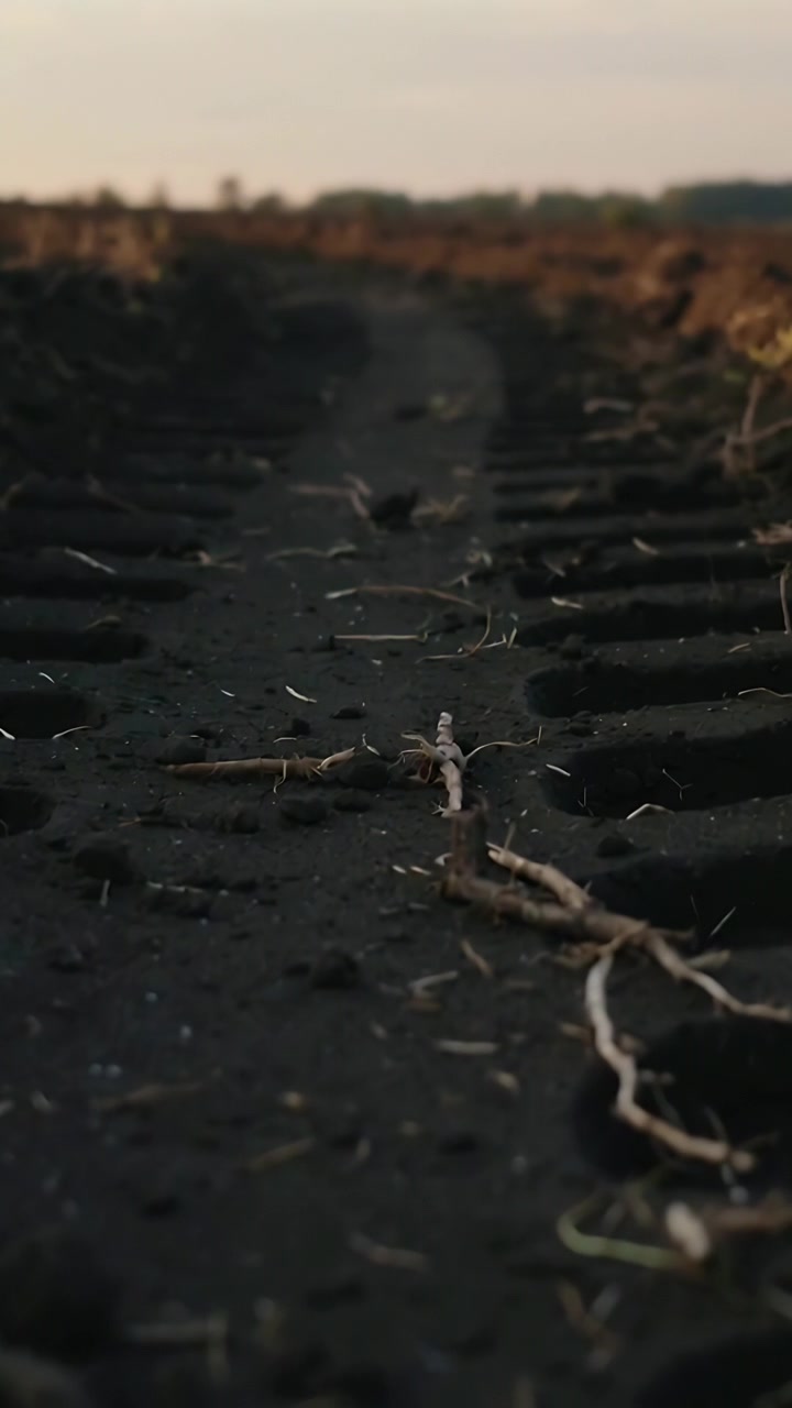 Video verticale: Telecamera in movimento che avanza lungo un solco in un campo agricolo, rivelando una radice esposta.