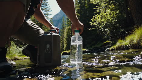 man filling water bottle from mountain stream