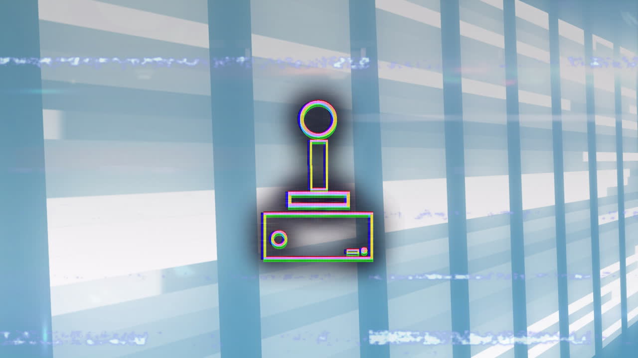 Animation of retro joystick on abstract blue and white striped background