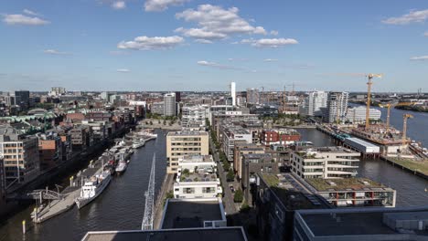 timelapse from the elbphilharmony in hamburg with a clear view on the hamburger hafen city in germany