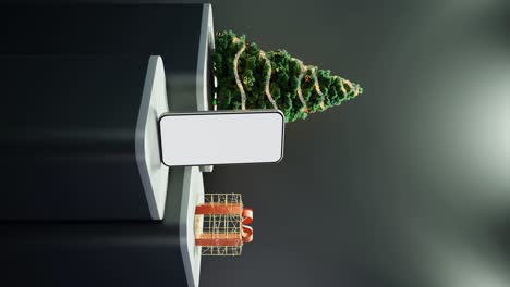 teléfono inteligente, árbol de navidad y regalo envuelto sobre fondo negro vertical
