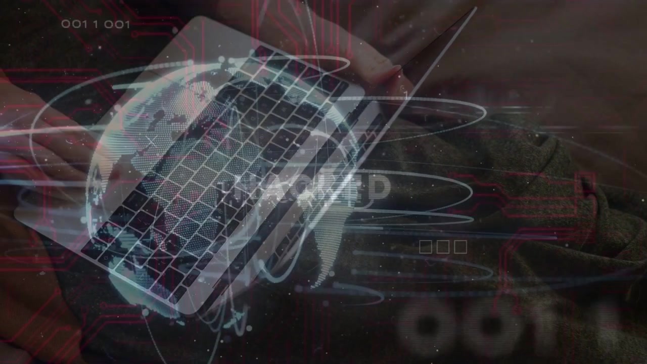 Woman typing laptop, activating globe pulsing then subsiding HACKED overlay, signaling hack