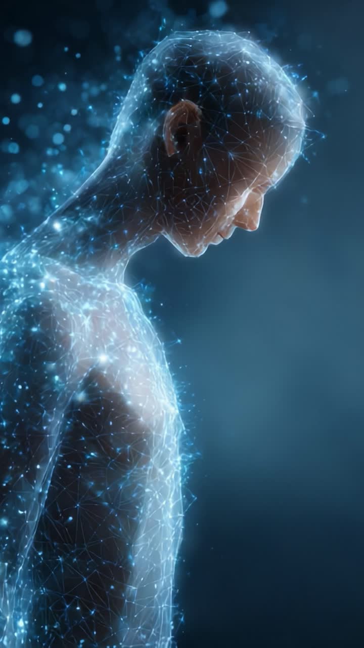 Un viaggio di trasformazione: l'evoluzione di un essere digitale che simboleggia la vita, l'energia e la luce in una straordinaria gamma di particelle radiose e motivi geometrici.