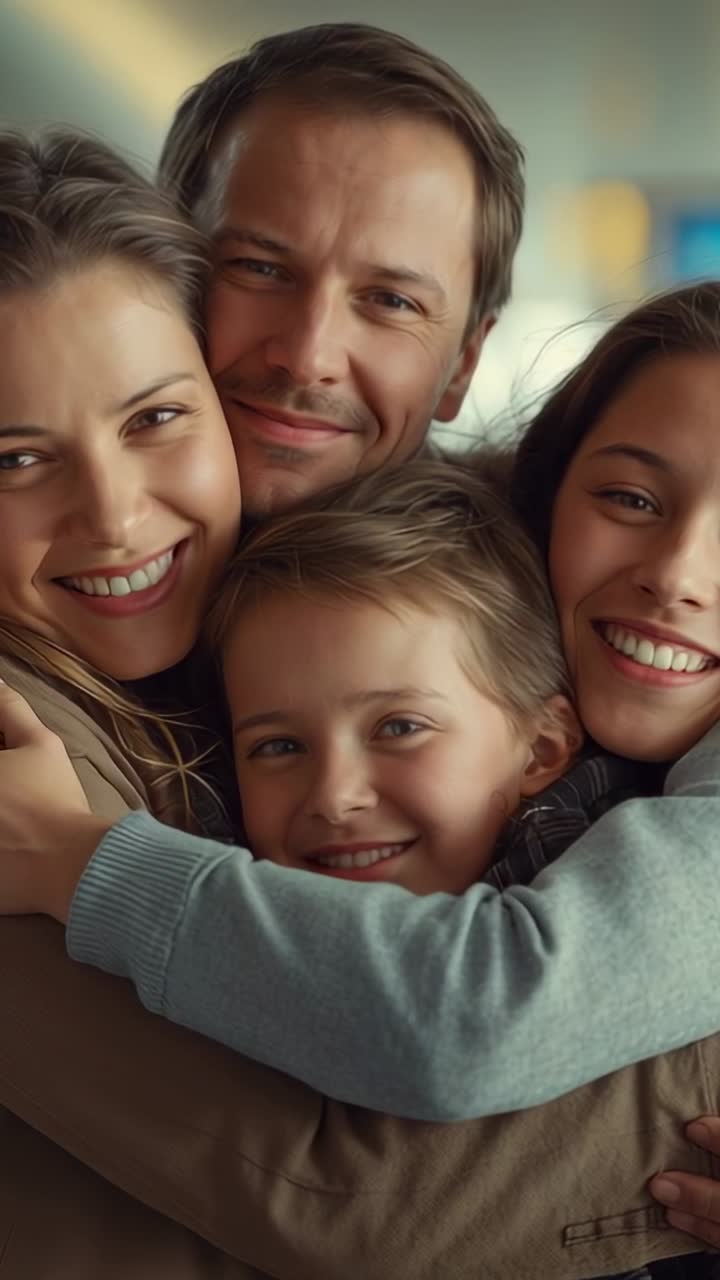 Vertical video: Entering frame, family hugging and smiling in lounge, with warm bond