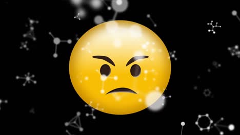 Digital-animation-of-molecular-structures-floating-over-angry-face-emoji-against-black-background