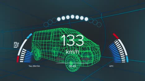 animation of speedometer and power gauge over 3d van model moving on black background