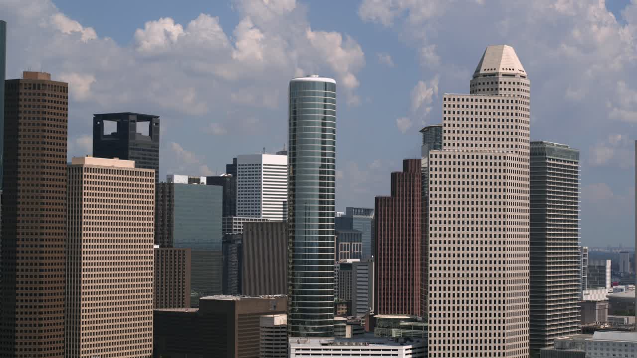 Skyline View: High-Angle Drone Footage of Downtown Houston Skyscrapers