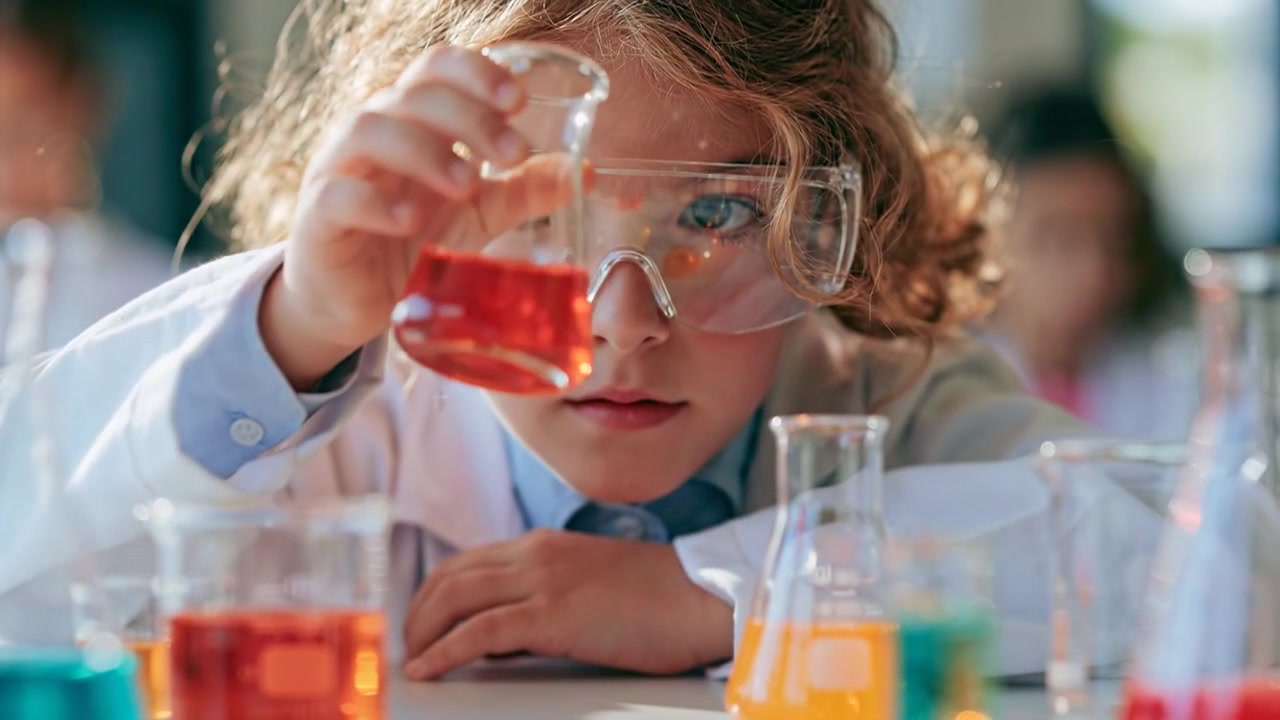 Young student conducting a colorful experiment with laboratory glassware