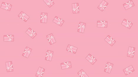 muchas cajas de regalos rectangulares con cinta y arco se mueven de cerca contra un fondo rosado, animación de bucle sin costuras