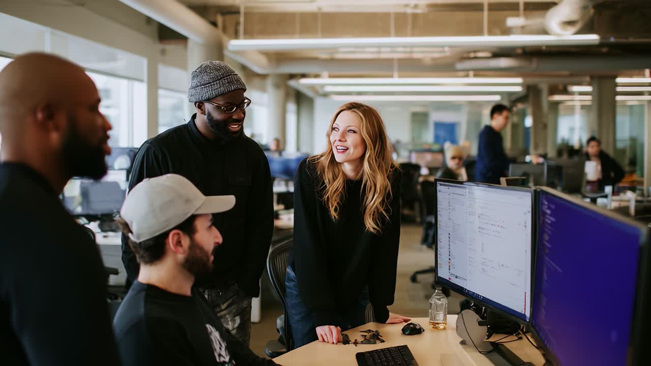 A diverse group of colleagues collaborates in a modern tech workspace, engaging in discussion and sharing ideas around computer screens, showcasing teamwork and innovation