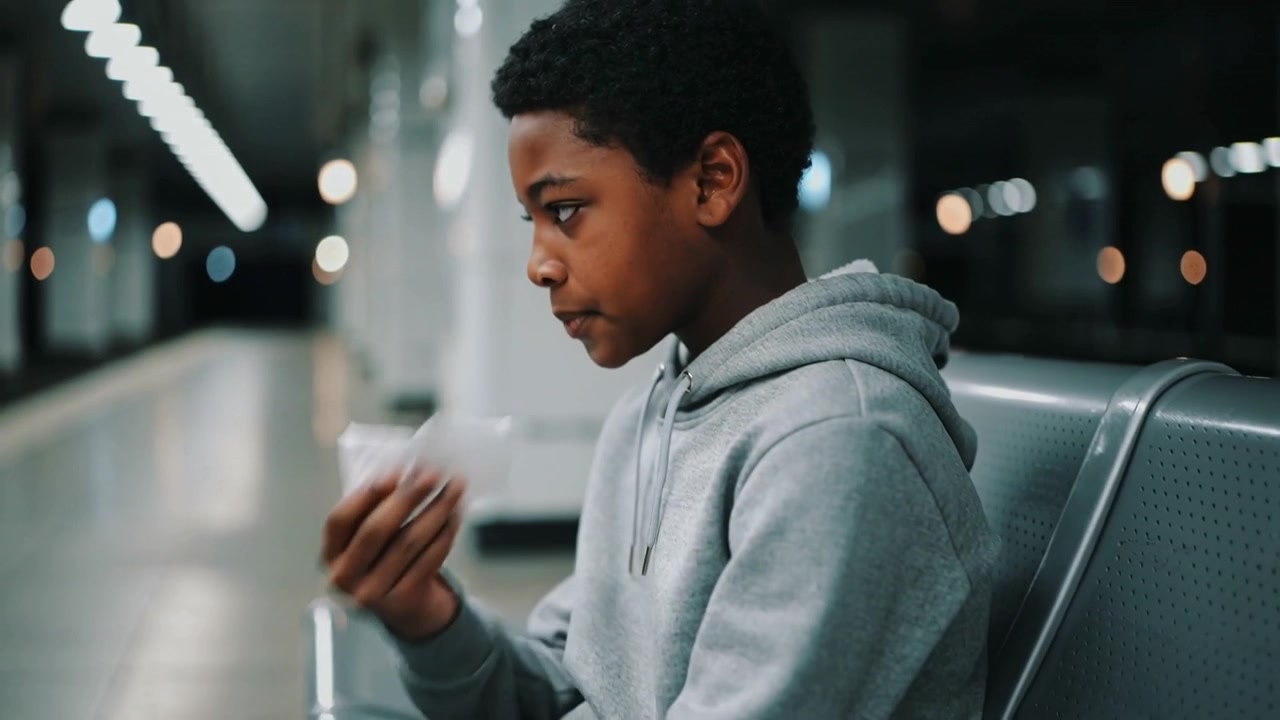 Looking down Teen gray hoodie pressing tissue to clear nose on night platform bench under lights