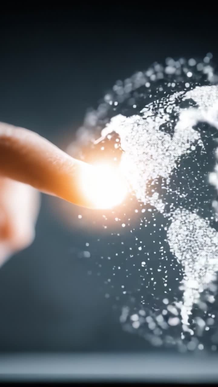 Un Tocco Digitale: con un Globo Olografico che Rappresenta Connessioni Globali e Innovazione Tecnologica Tramite un Tocco del Dito