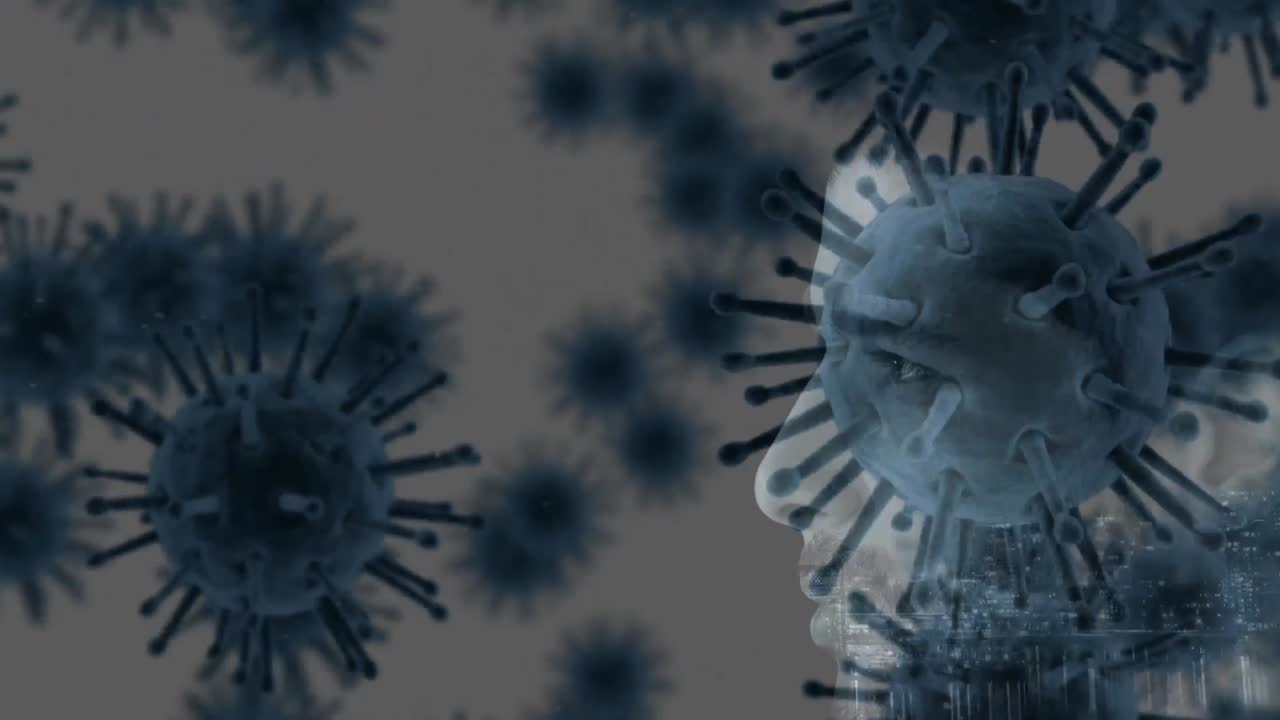 Diffusione del macro coronavirus con un uomo caucasico sullo sfondo