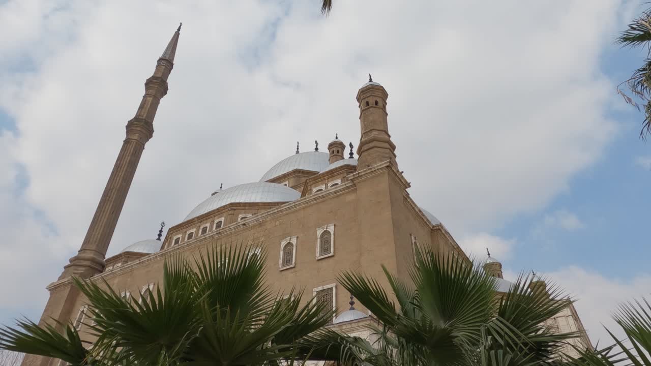 mirando hacia la famosa mezquita de muhammad ali a través de palmeras, nubes en el cielo azul