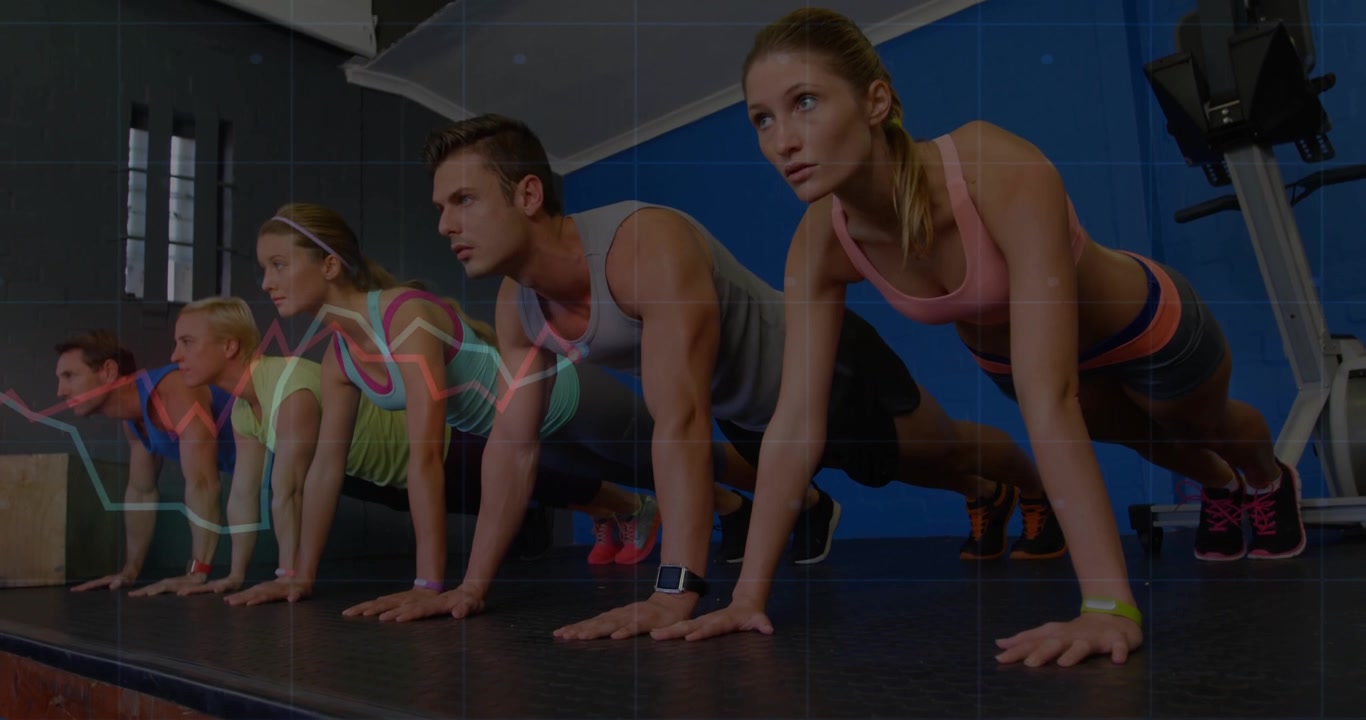 Group of People Holding Plank Position in Gym with Animated Data Overlay