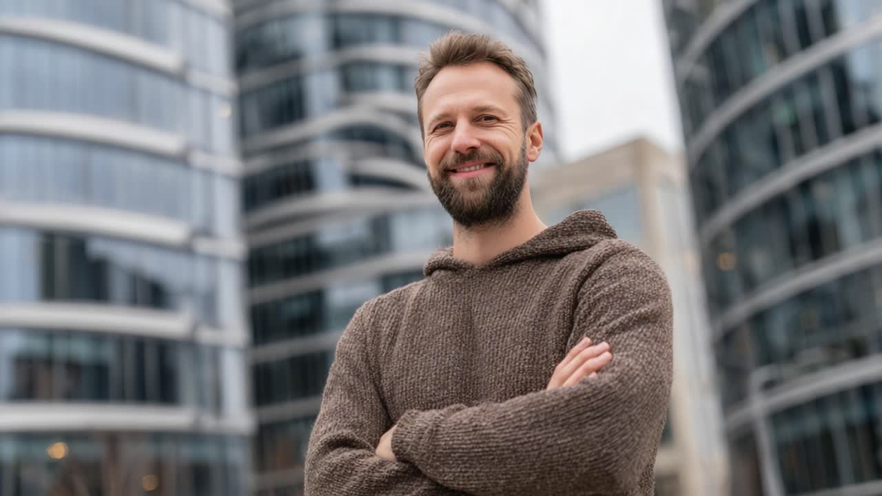 En selvsikker mann i en komfortabel genser smiler til kameraet, med en bakgrunn av moderne arkitektoniske strukturer som gjenspeiler et moderne bymiljø