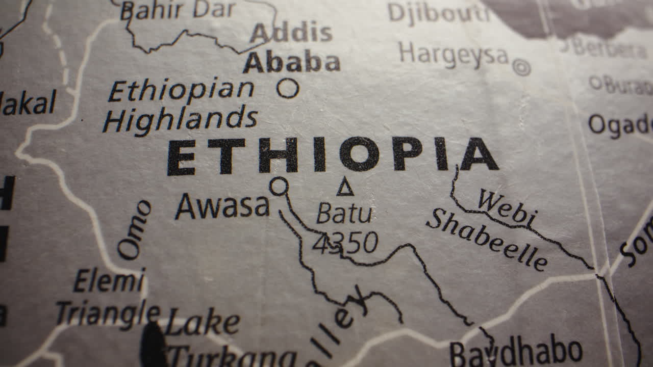 Close-up view of a map centered on Ethiopia and surrounding East African countries