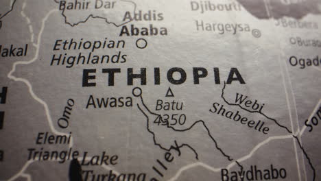 close-up view of a map centered on ethiopia and surrounding east african countries