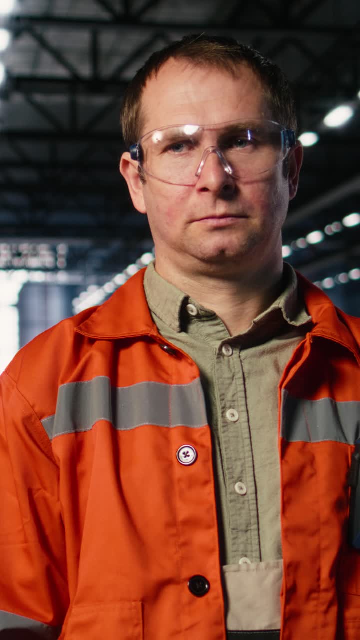 Vertical Video Professional employee in a warehouse uses equipment to guide operator teams