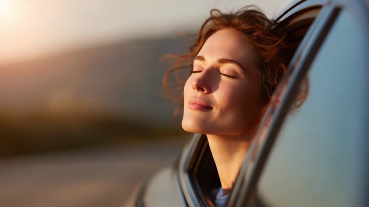 Serenidad en movimiento: Una mujer disfruta de la brisa y el sol mientras se relaja en el coche, capturando un momento de dichosa tranquilidad en un viaje panorámico.