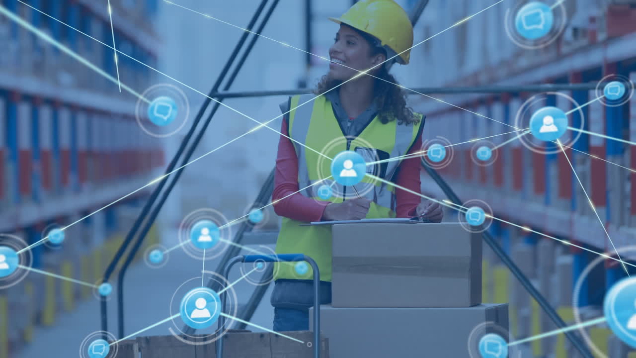 animación de las conexiones de red con los iconos de las personas y las trabajadoras