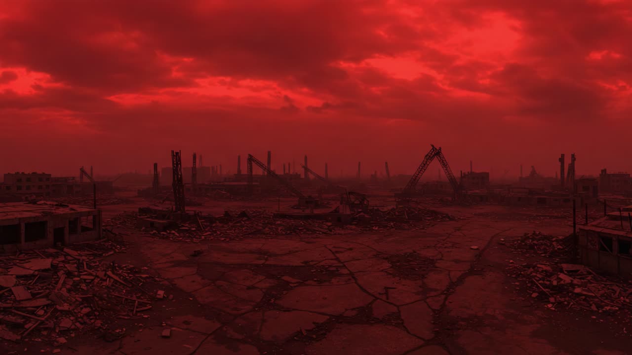 A Stark Visual of Desolation: An Apocalyptic Landscape Bathed in Red Hues, Depicting the Remnants of a Crumbled Urban Environment Amidst Ominous Skies