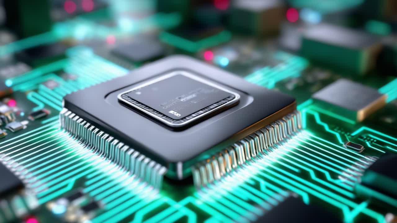 Close-Up View of a High-Performance Microchip on a Circuit Board Showcasing Advanced Technology and Intricate Patterns in Microelectronics, Featuring Multiple Component Arrangements and LED Indicators
