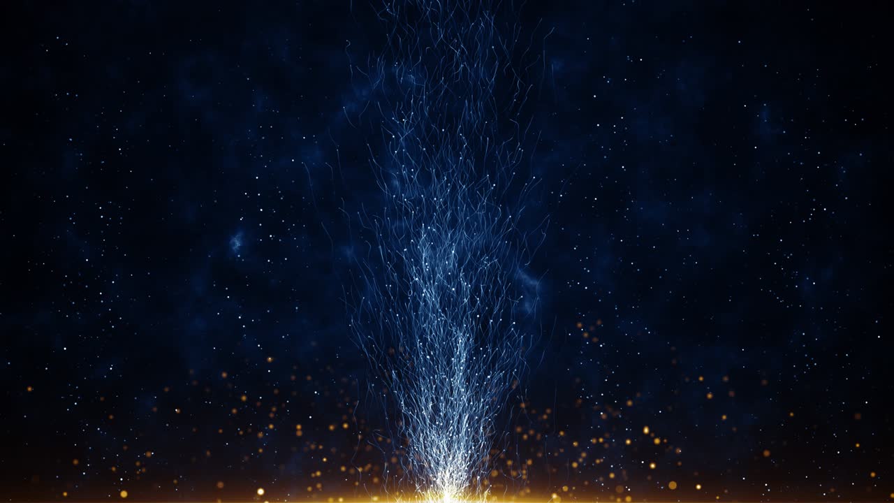Loop di sfondo cinematografico con particelle di polvere, bokeh di luce astratto e titoli in movimento.