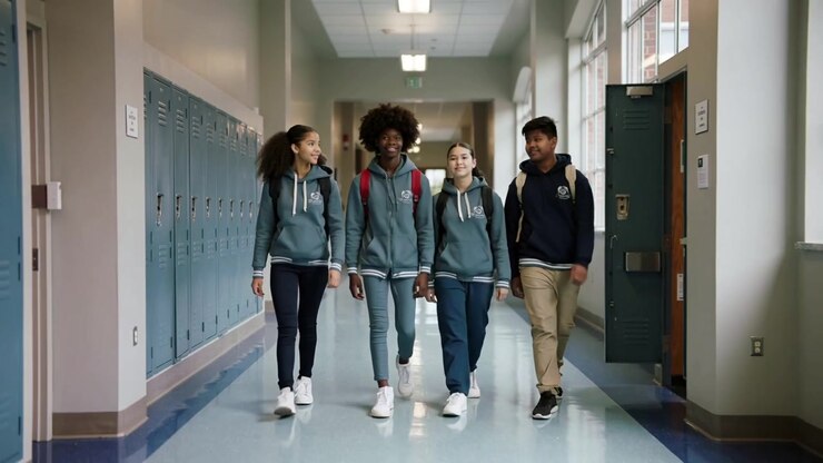 Quattro studenti che camminano lungo il corridoio della scuola, con felpe con cappuccio e zaini, diretti a lezione