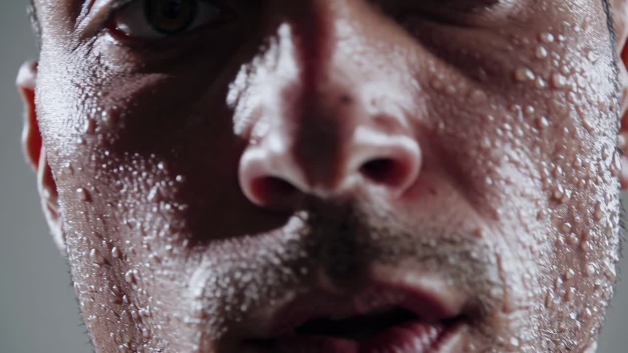 Close-up sequence of a mans face with glistening droplets of water, showcasing the intensity and emotion of the moment, highlighting the interplay of light and texture
