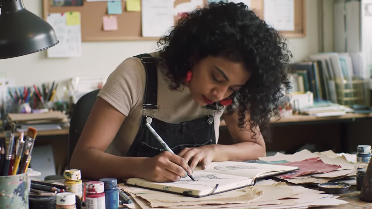 A Creative Journey: An Artist Dives Into Sketching and Drawing in a Brightly Lit Studio Filled with Supplies and Inspiration