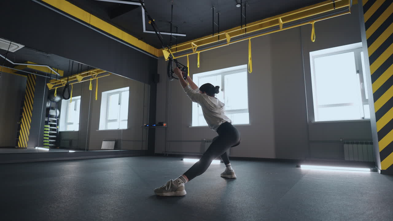 Sporty woman doing TRX exercises in the gym. Women training with fitness straps in the gym. Beautiful lady exercising her muscles sling or suspension straps.